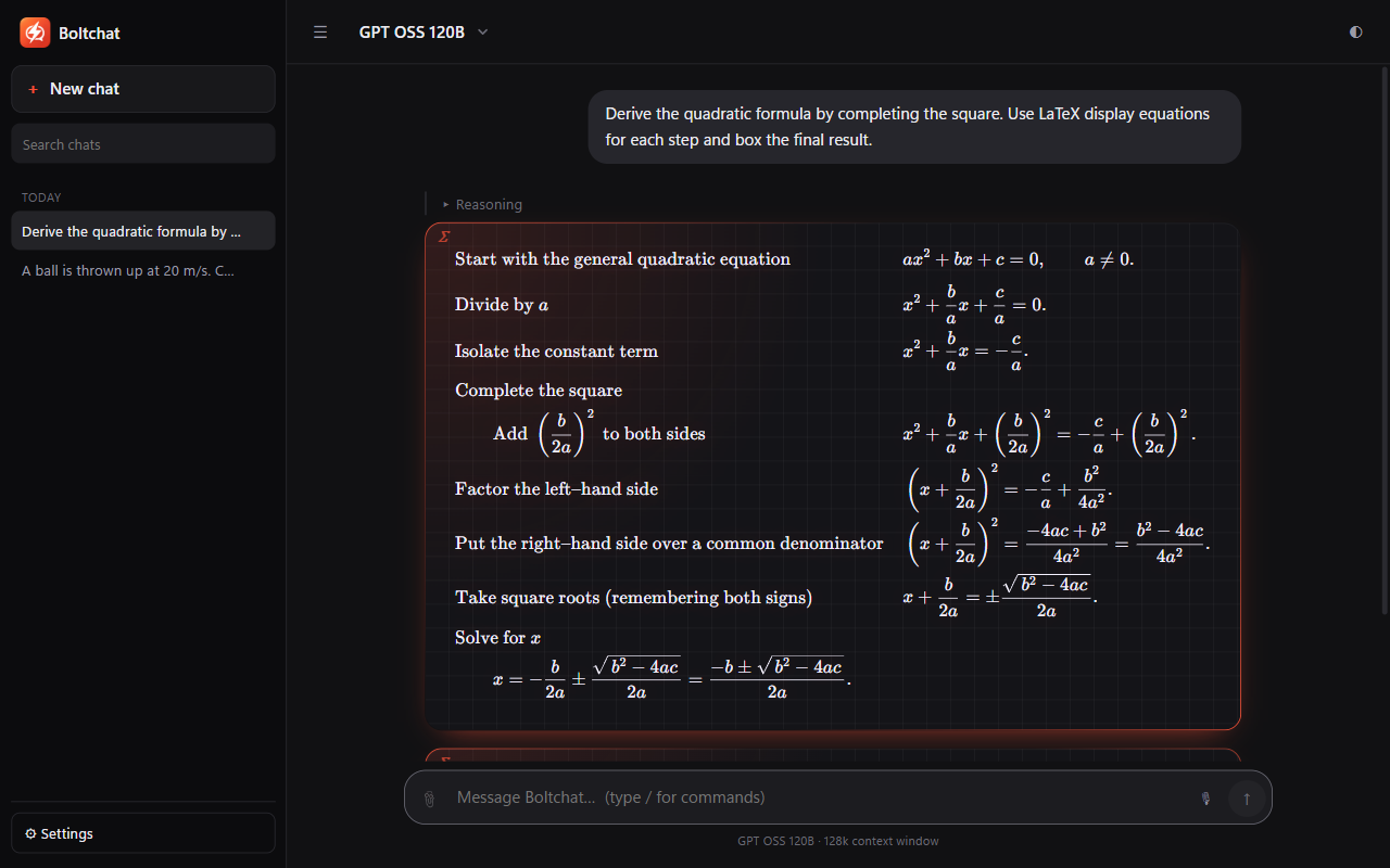 Boltchat deriving the quadratic formula, every equation typeset on a glowing card