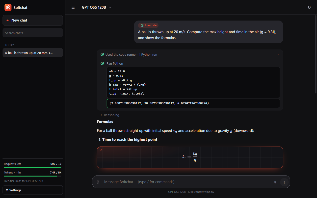 Boltchat showing the Python it ran to answer a physics question